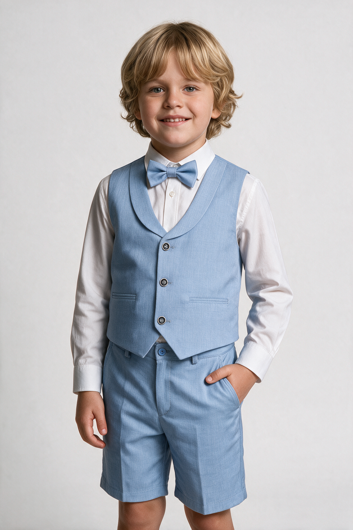 Baby & Boys 4-Piece Cotton-Linen Waistcoat Shorts Suit Set - Sky Blue Model Picture