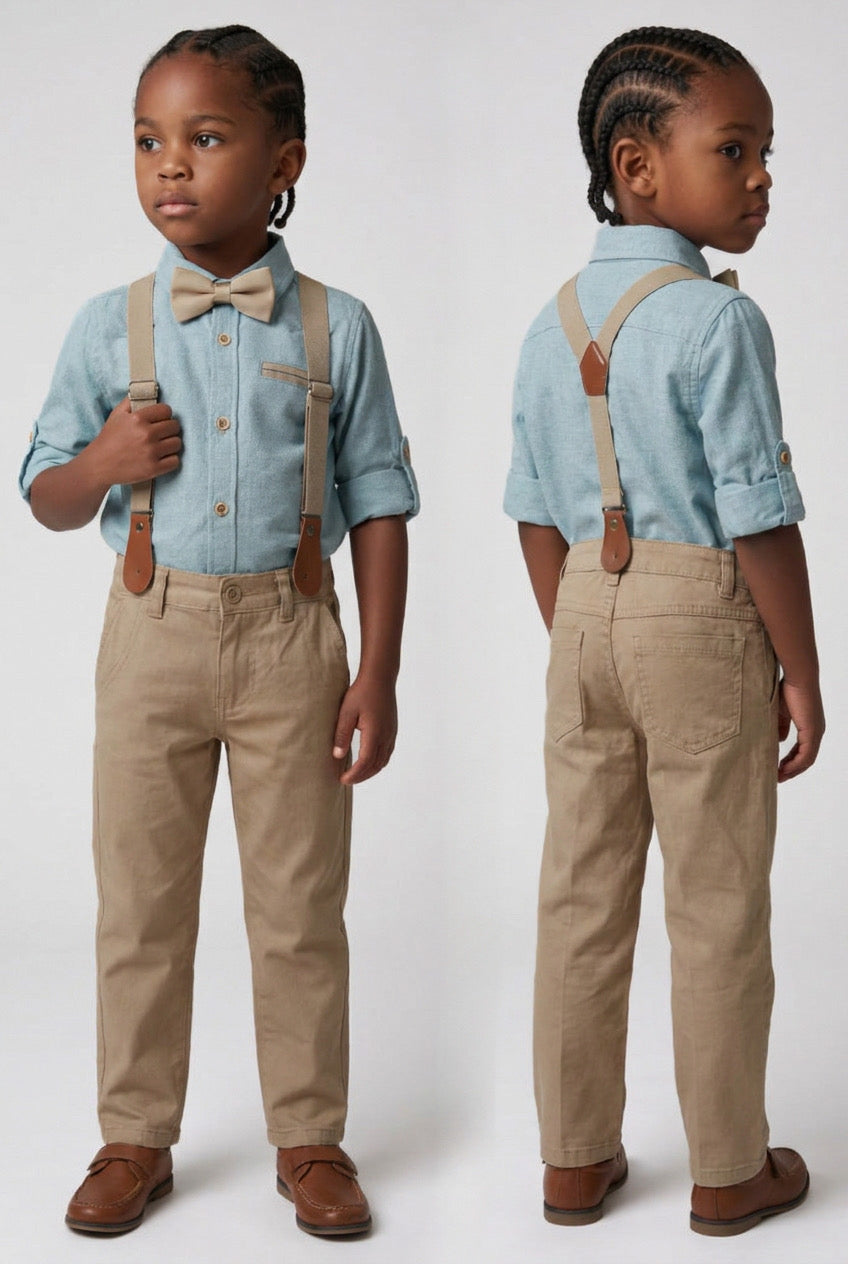 Boys 4-Piece Cotton Gentleman Outfit Set - Green & Beige