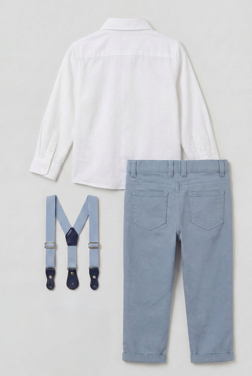 Boys 4-Piece Cotton Gentleman Outfit Set - White & Light Blue