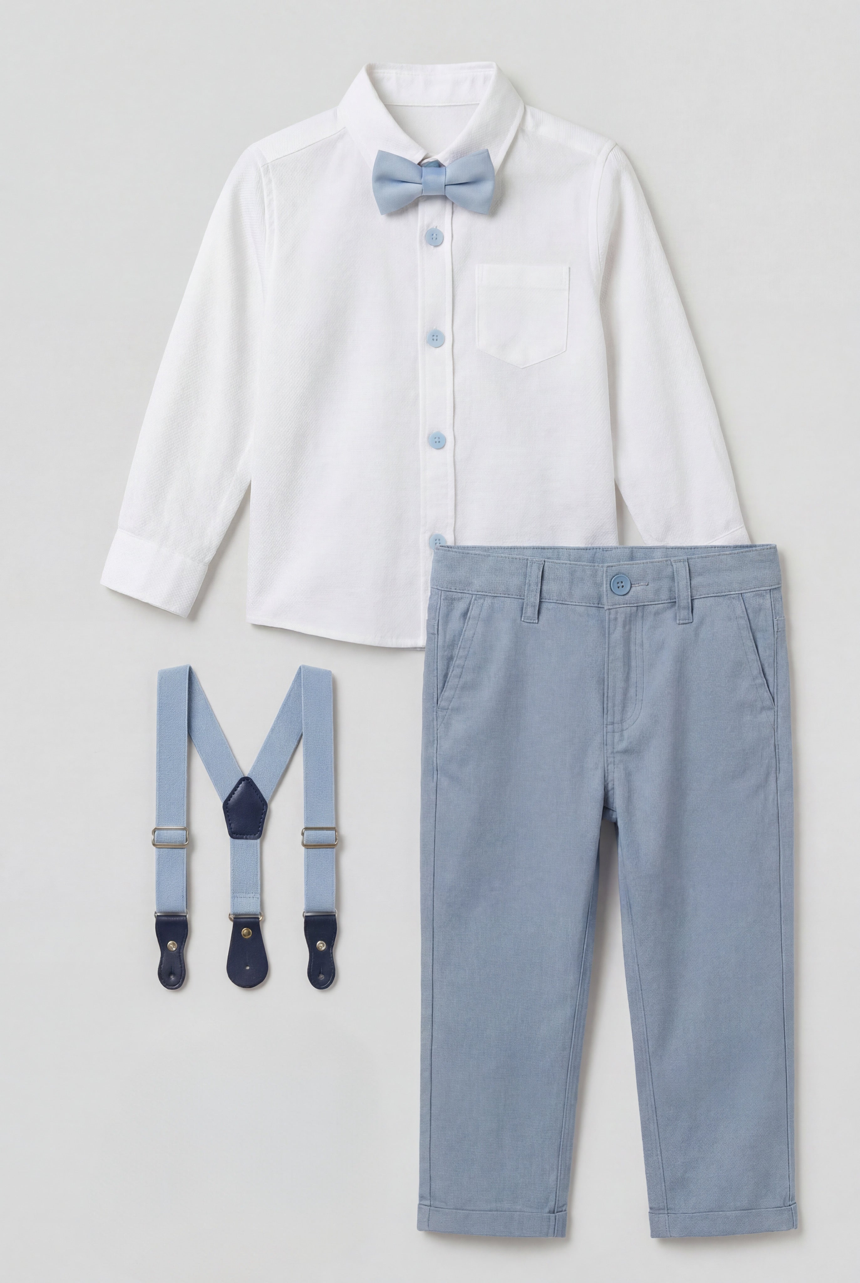 Boys 4-Piece Cotton Gentleman Outfit Set - White & Light Blue