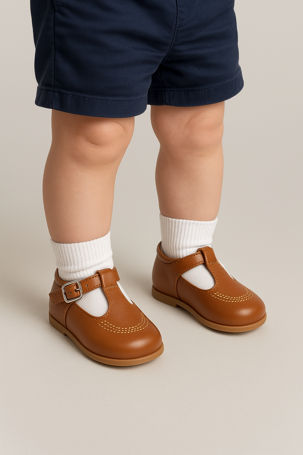 Baby & Boys Buckled Leather Shoes TEDDY - Tan Brown Model Picture