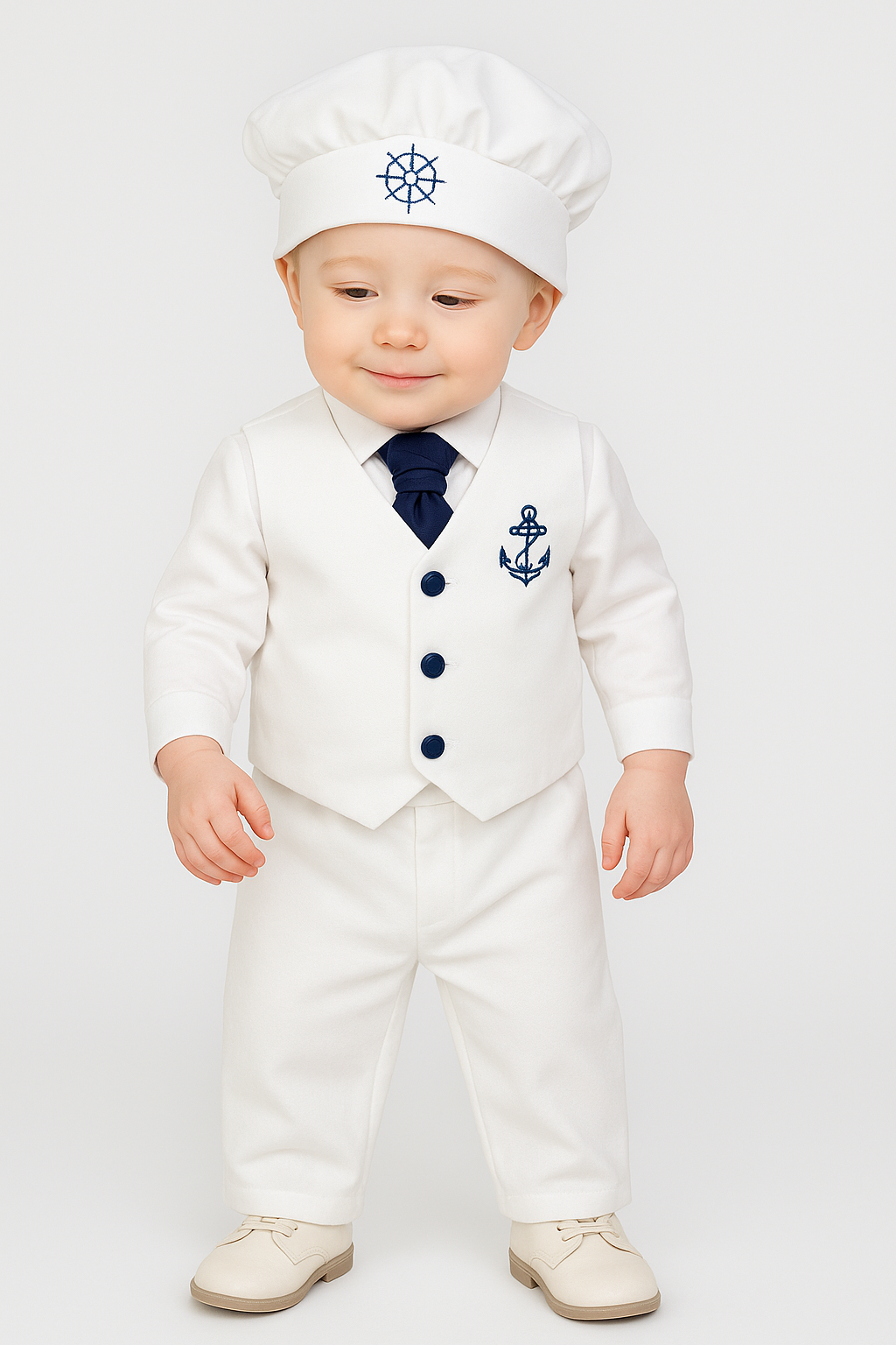 Baby Boys 5 Piece Sailor Christening Suit - NELSON - White & Navy Blue Model Picture
