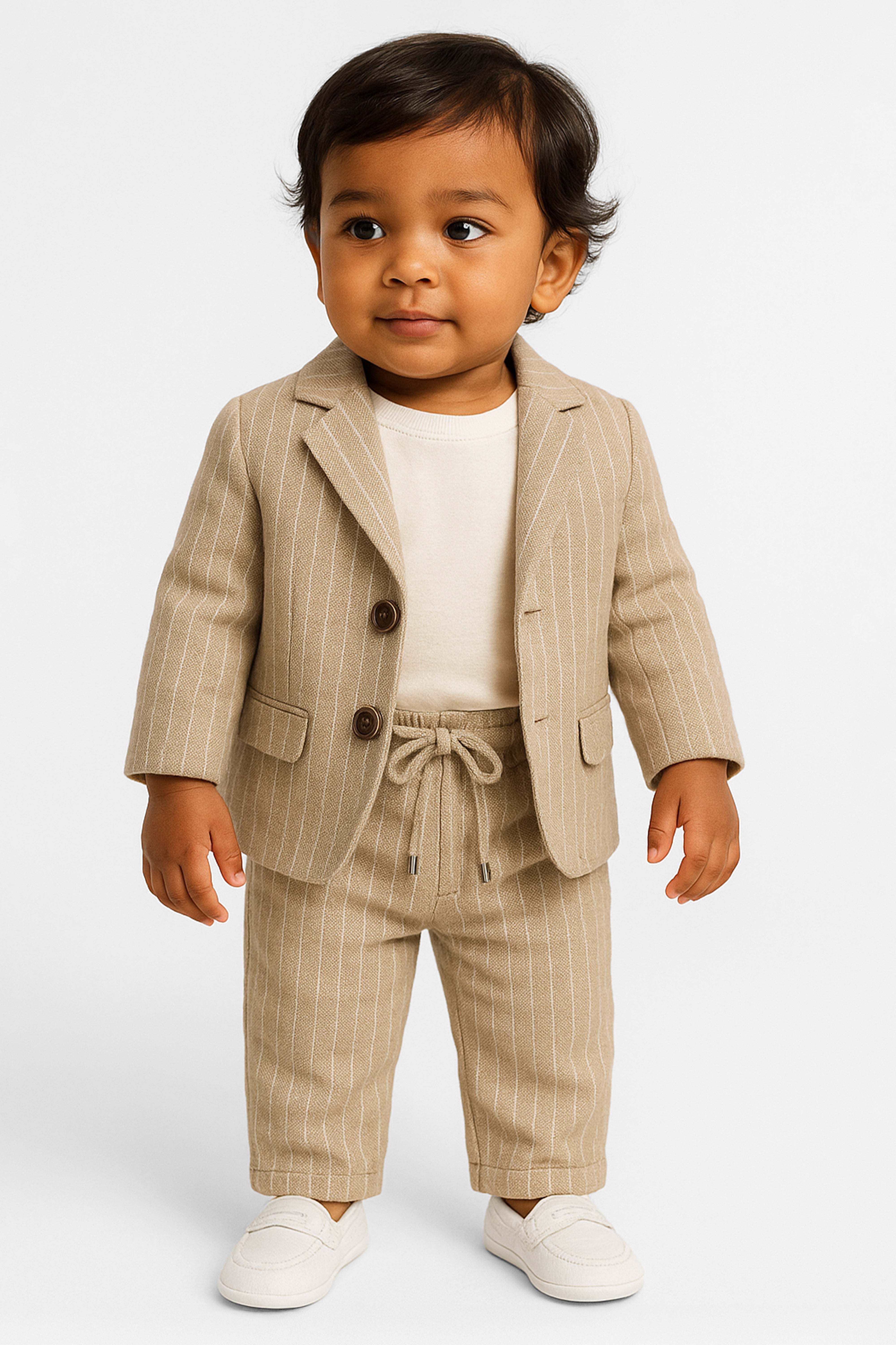 Baby Boys’ Cotton-Linen 3-Piece Pinstripe Suit - SALAS - Beige Front Picture