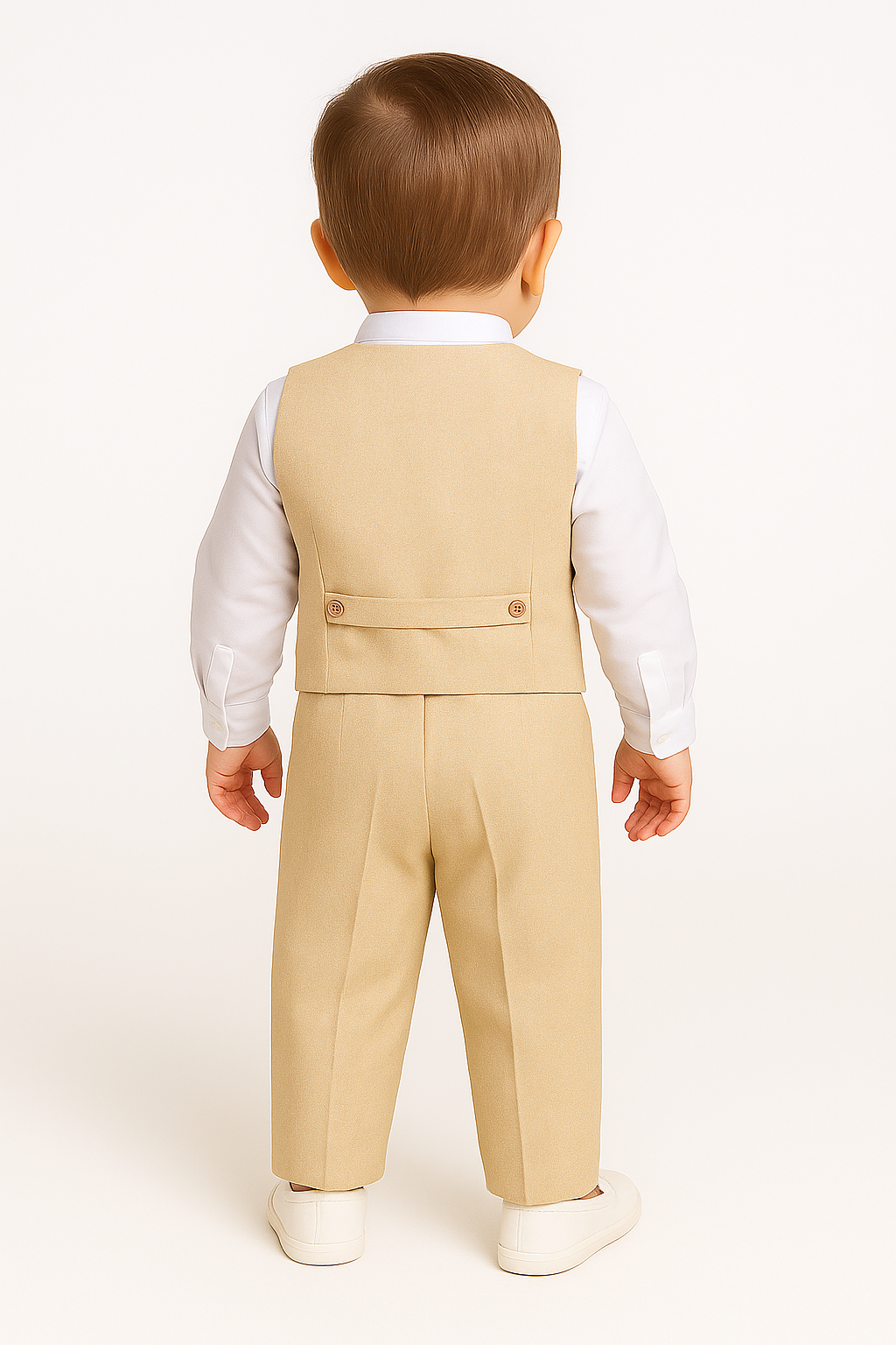 Baby Boys Cotton Linen Waistcoat Suit Set 3 Piece - Gold Model Back Picture