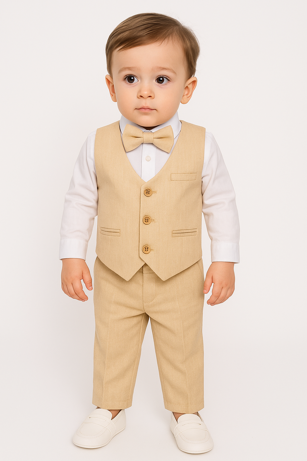 Baby Boys Cotton Linen Waistcoat Suit Set 3 Piece - Gold Model Picture