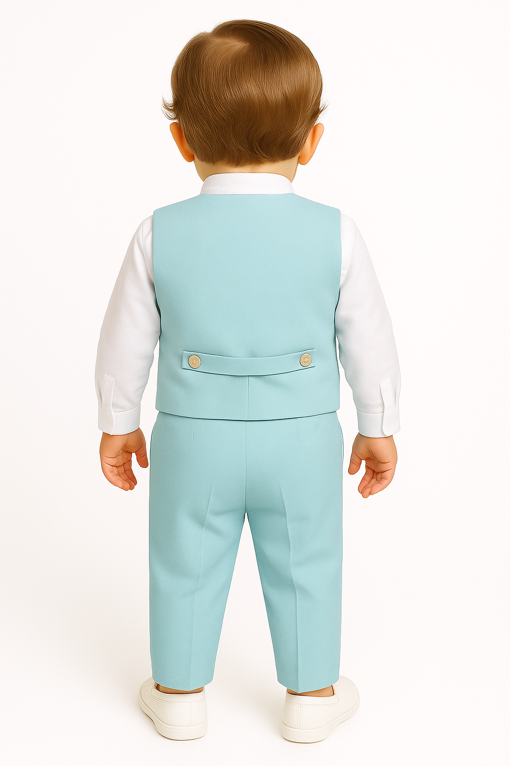 Baby Boys Cotton Linen Waistcoat Suit Set 3 Piece -  Green Model Back Picture