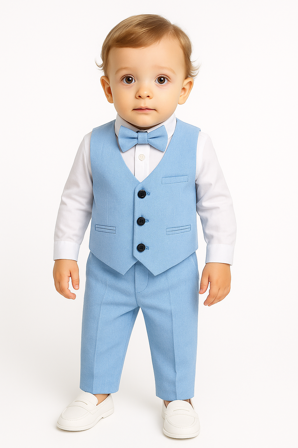 Baby Boys Cotton Linen Waistcoat Suit Set 3 Piece  - Sky Blue Model Picture