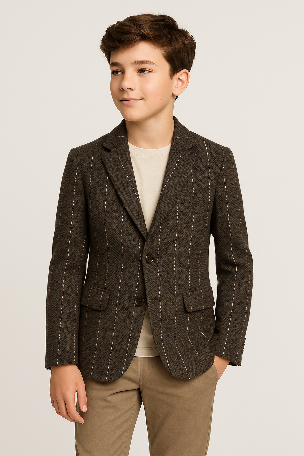 Baby Boys Tweed Herringbone Pinstripe Formal Blazer - Brown Model Picture