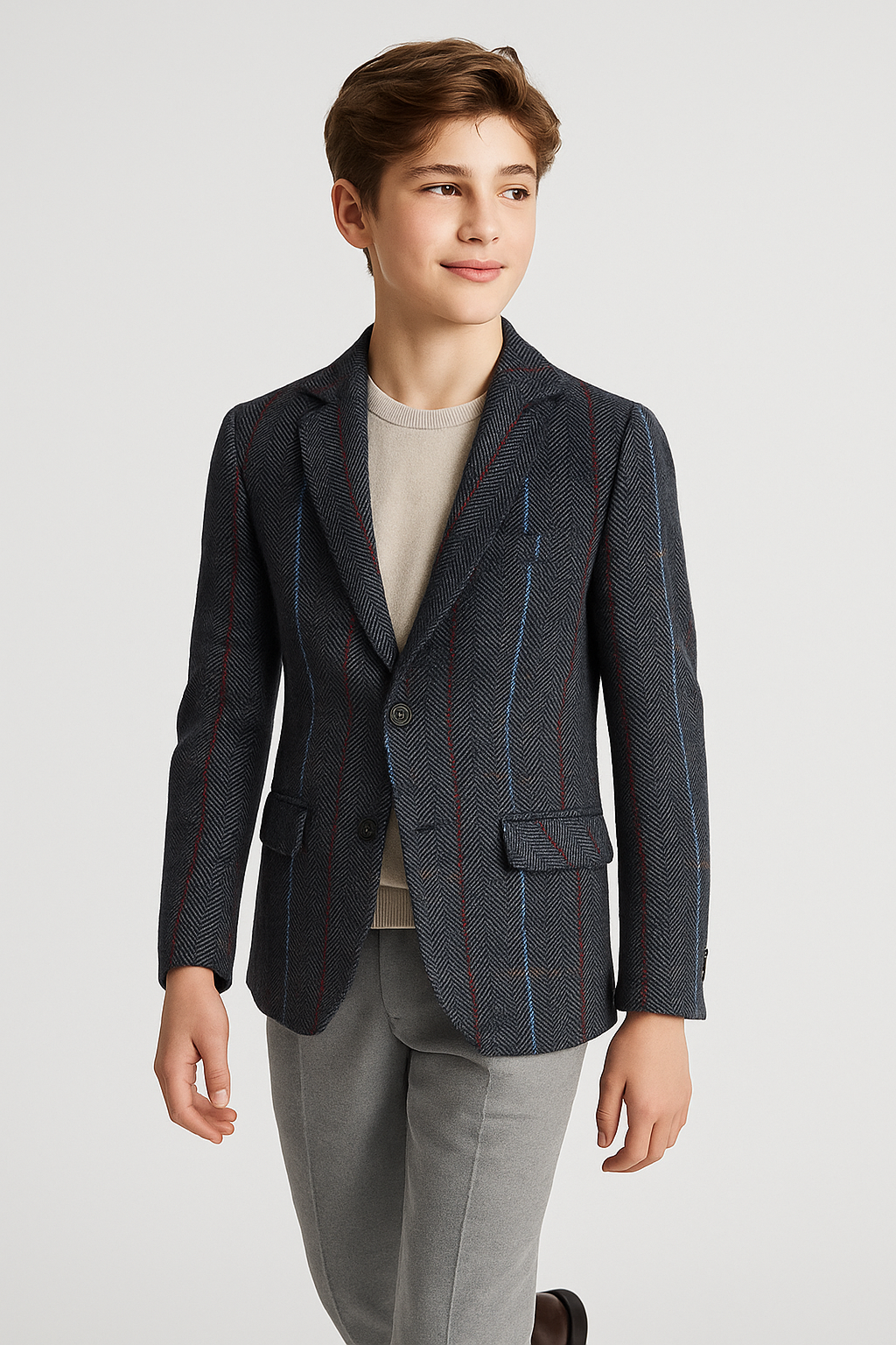 Baby Boys Tweed Herringbone Pinstripe Formal Blazer - Navy Blue Model Picture