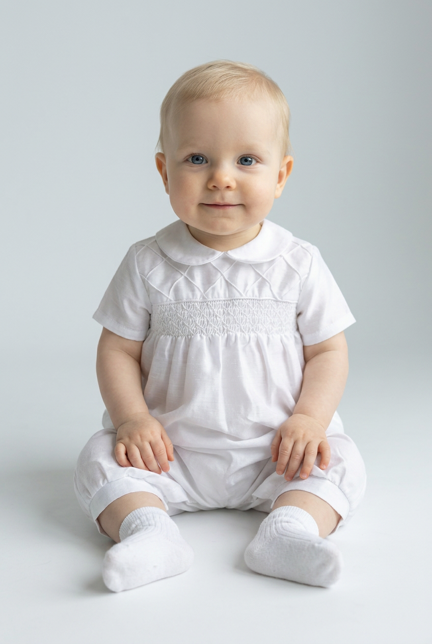 Baby Boys White Christening Romper - Andrew