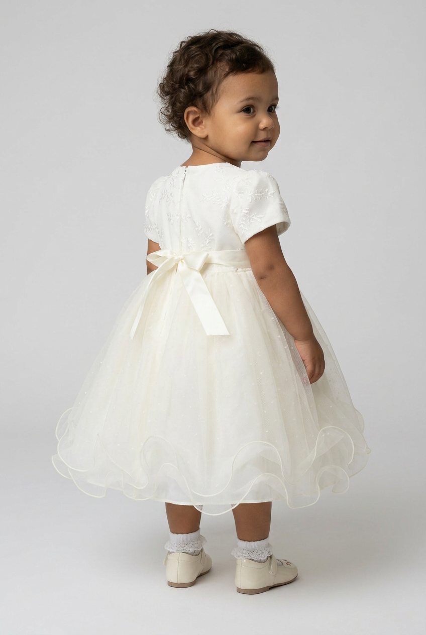 Baby Girls Balloon Sleeve Tulle Dress – B1038 - Ivory