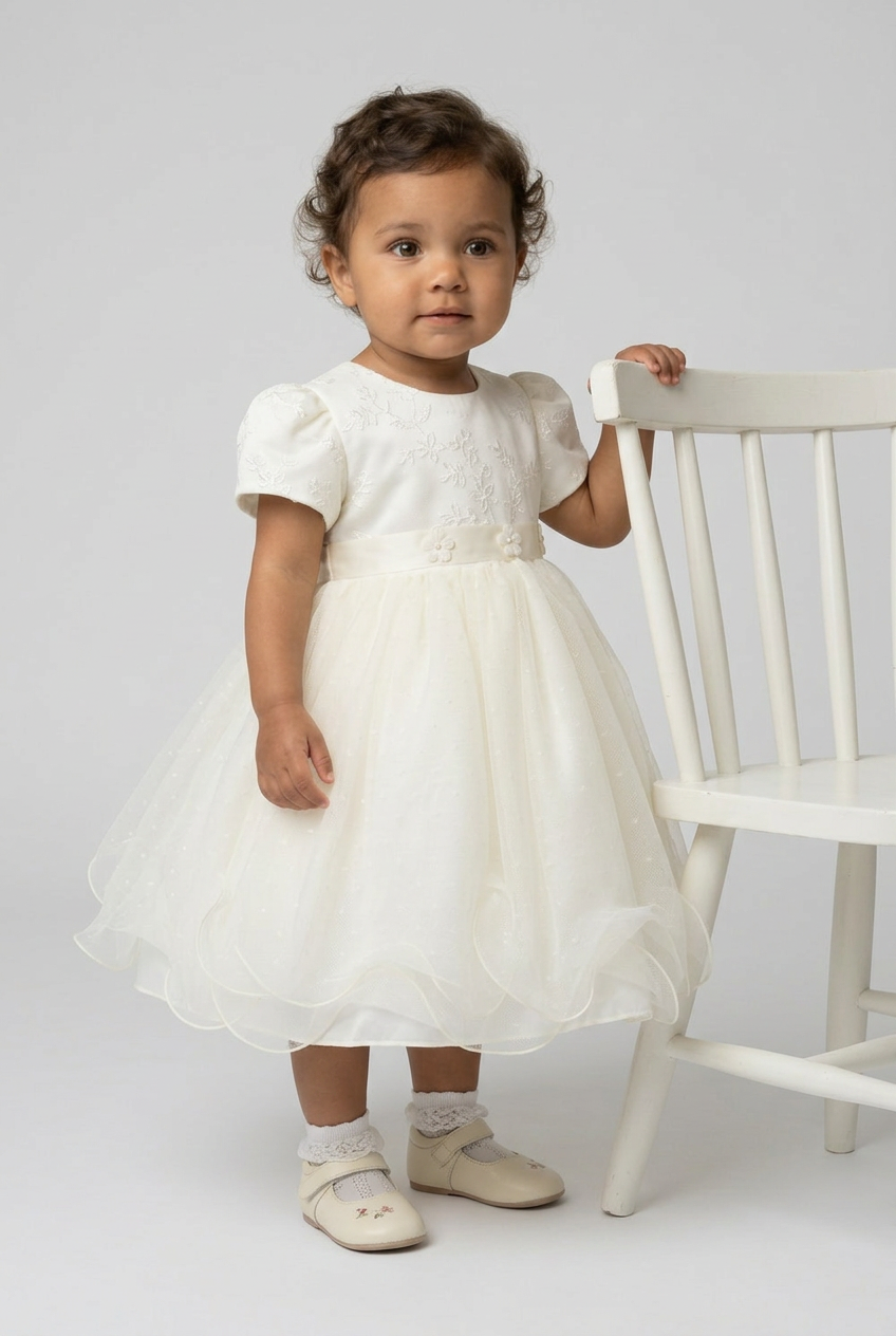 Baby Girls Balloon Sleeve Tulle Dress – B1038 - Ivory