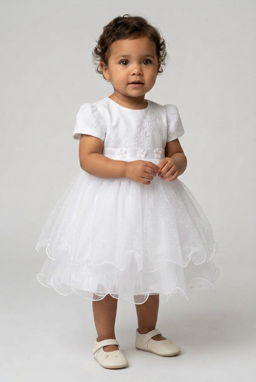 Baby Girls Balloon Sleeve Tulle Dress – B1038 - White