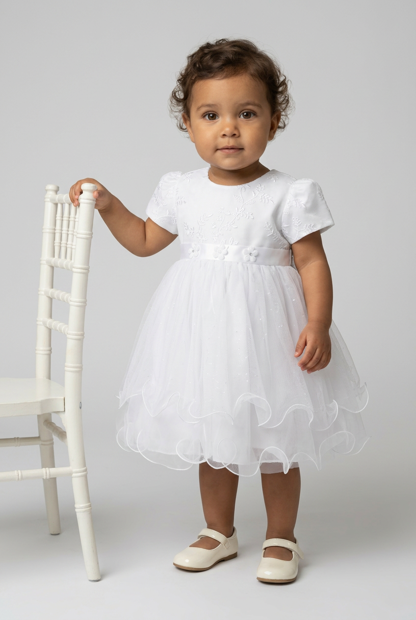 Baby Girls Balloon Sleeve Tulle Dress – B1038 - White