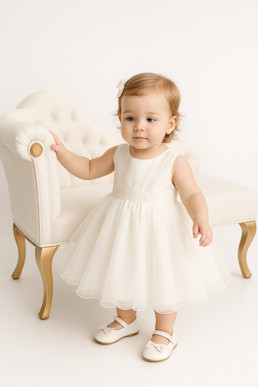 Baby Girls Flower Sleeveless Christening Dress - Ivory