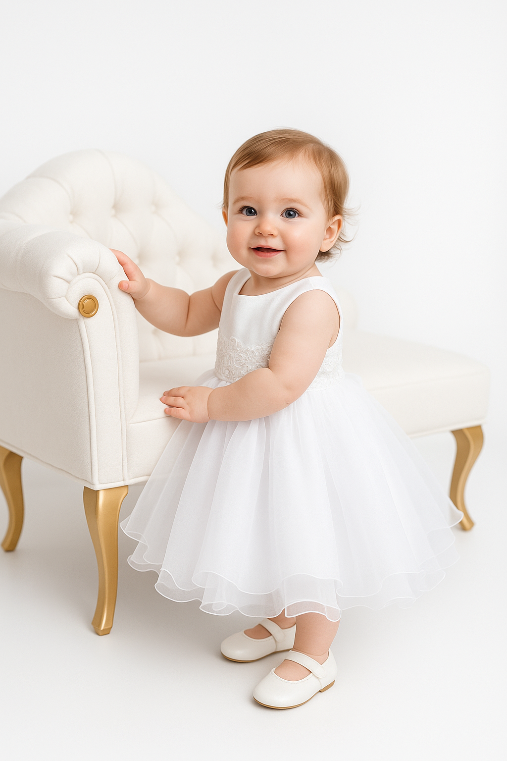 Baby Girls Flower Sleeveless Christening Dress - White