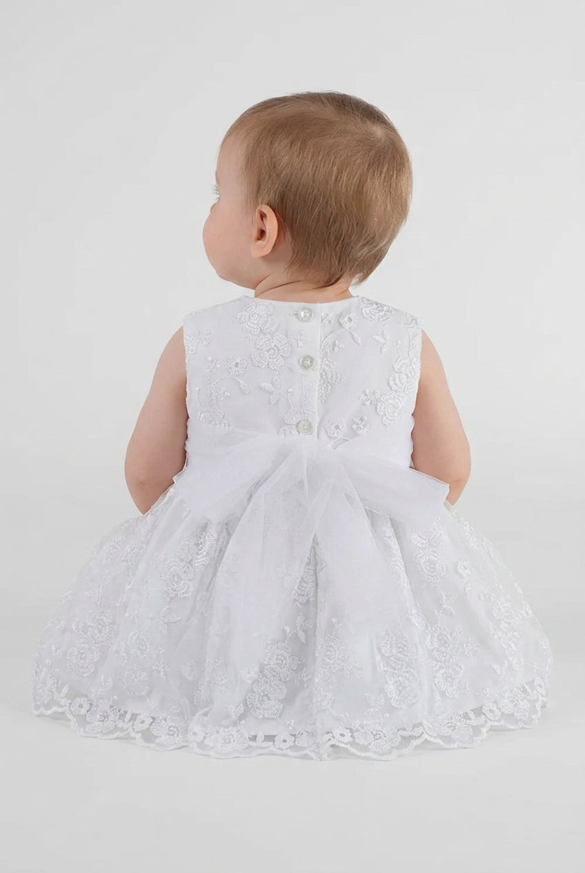 Baby Girls Lace Bow Dress Set – B1202 - White