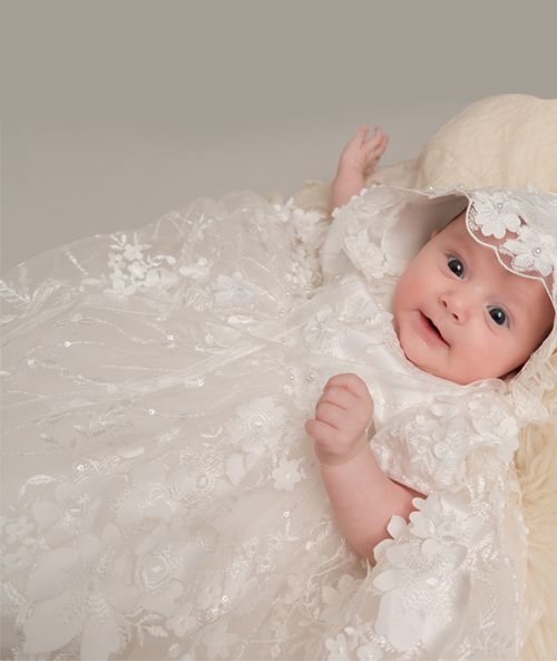 Baby Girls Lace Heirloom Christening Gown & Bonnet - RACHEAL - Off white