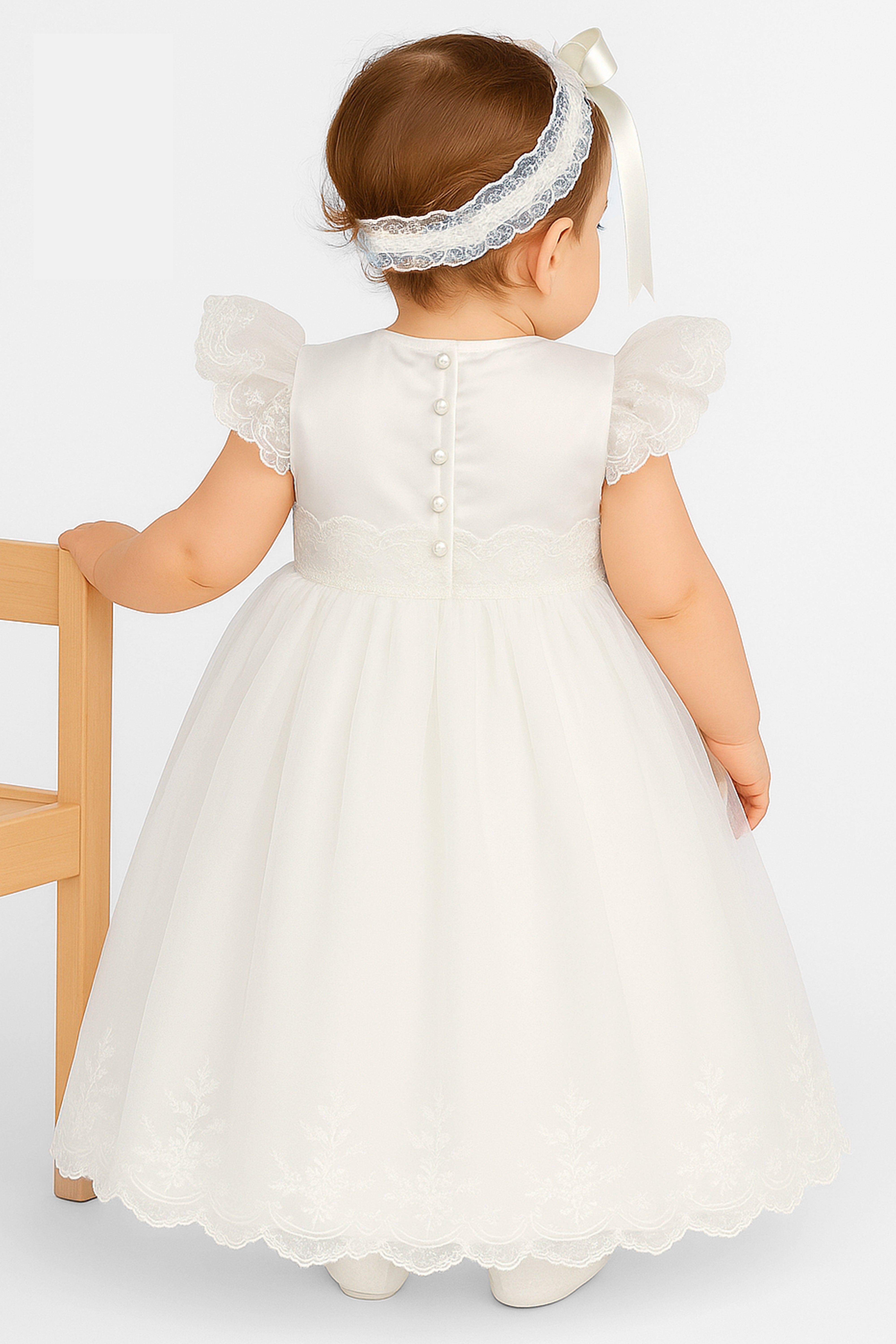 Baby Girls Ruffle Lace White Dress - CHRISTINA - White Model Picture