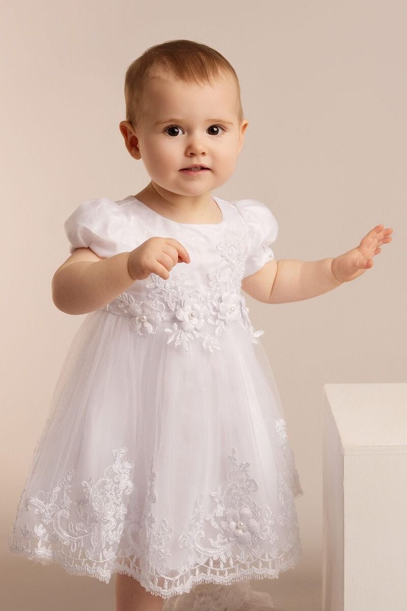 Baby Girls White Floral Lace Christening Dress - Lexi Model Picture