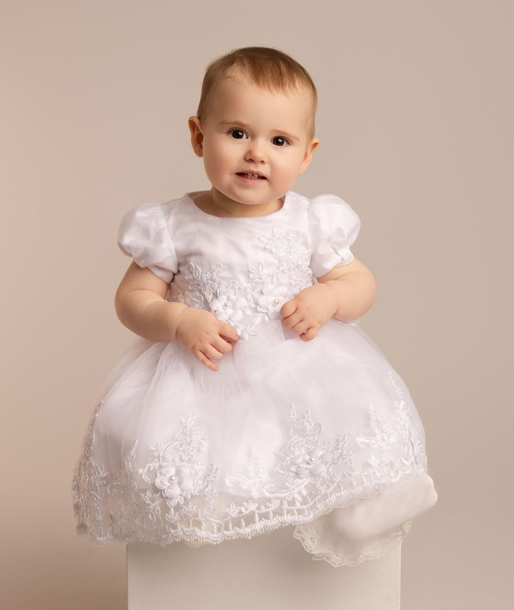 Baby Girls White Floral Lace Christening Dress - Lexi Model Front Picture