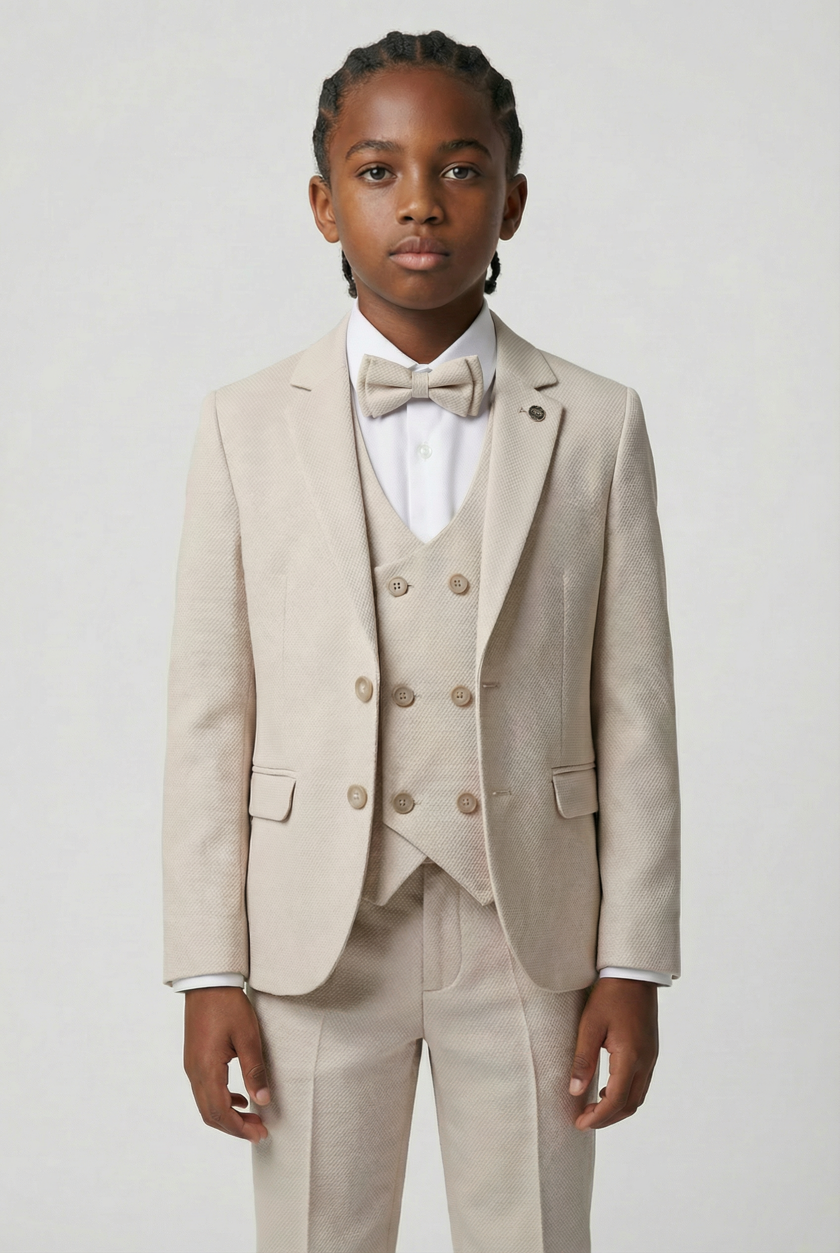 Boys 5-Piece Textured Weave Suit with Double Breasted Waistcoat - Beige