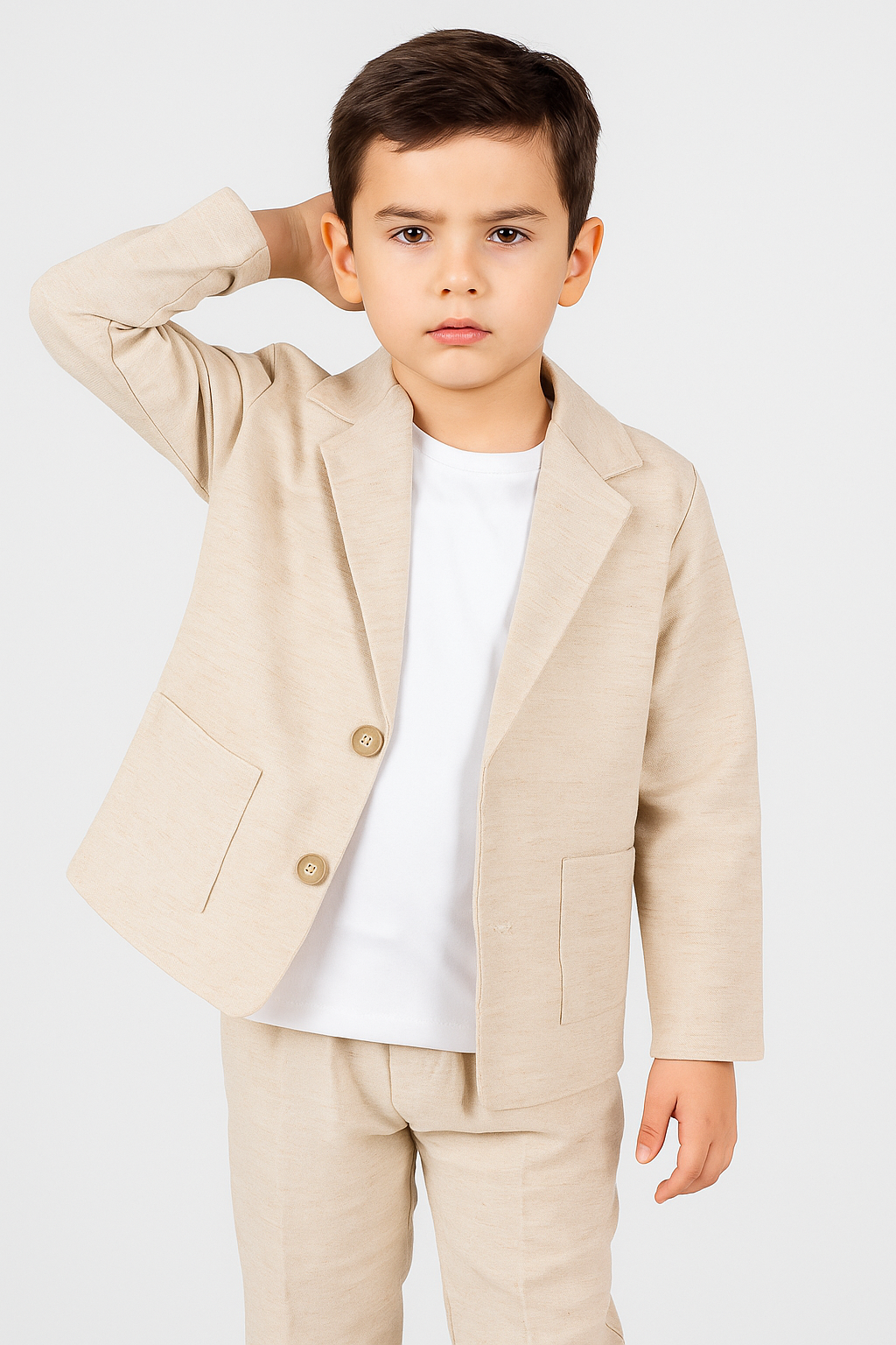 Boys 3-Piece Cotton-Linen Smart Casual Suit - KETEN - Beige Model Picture
