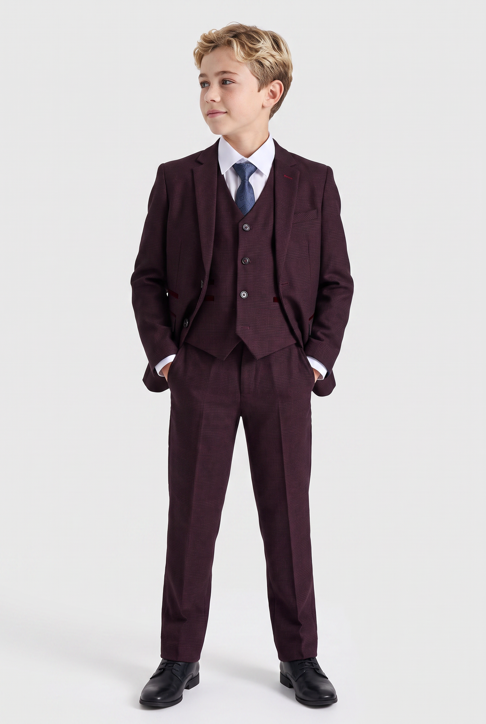Boys 3-Piece Glen Check Tweed Formal Suit - Regent - Wine Burgundy Model Front Picture