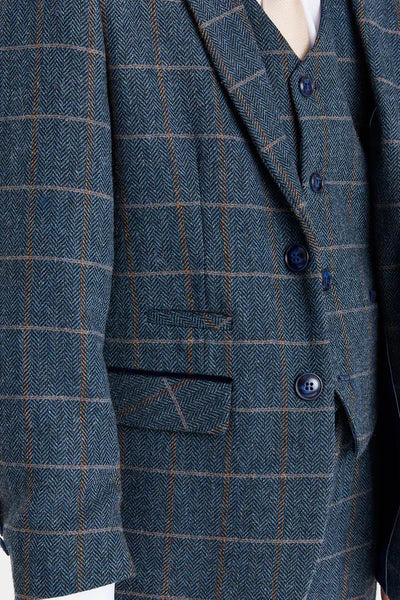Boys 3-Piece Herringbone Windowpane Check Suit - Harris Navy