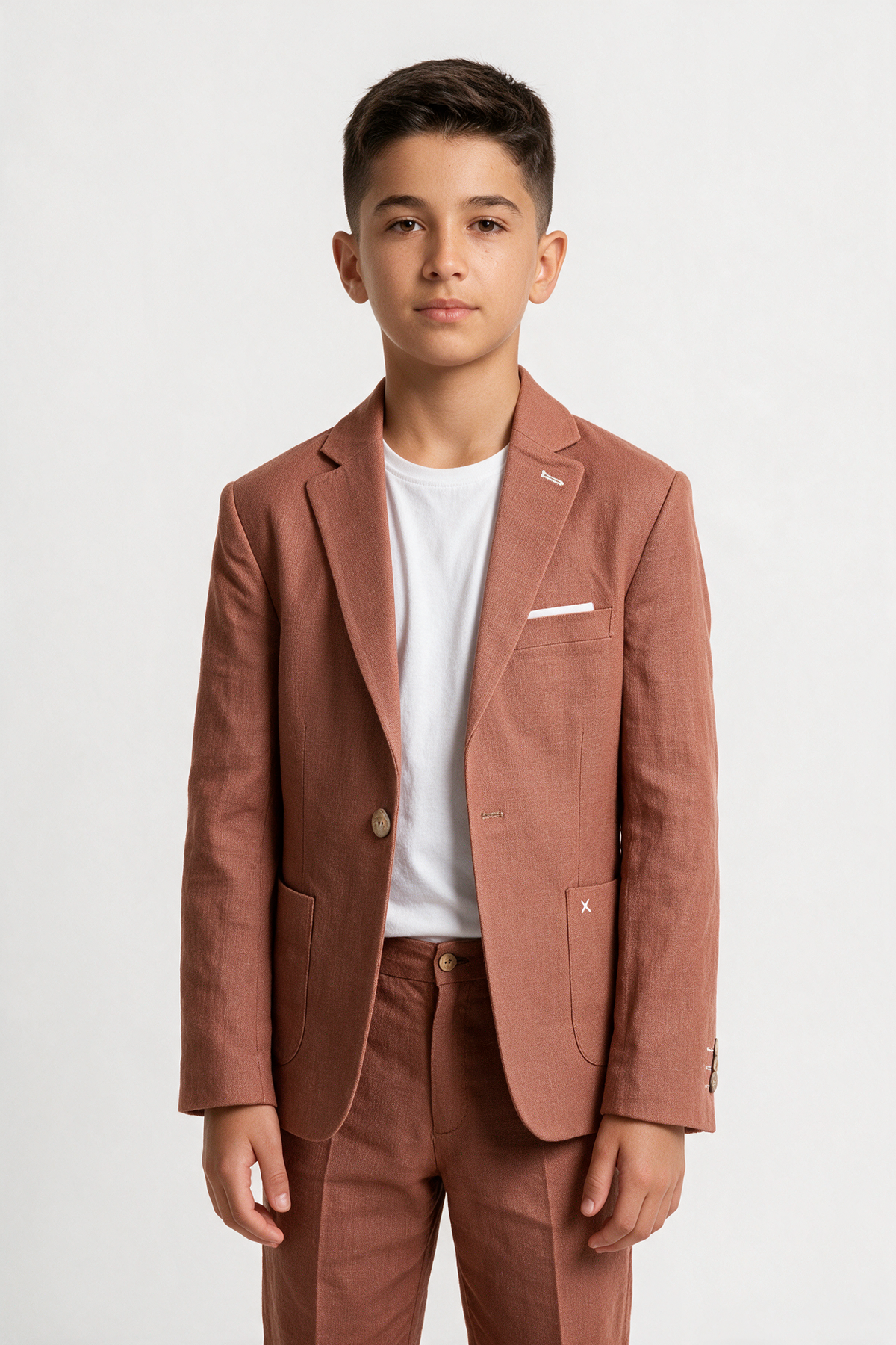Boys 3-Piece Linen Casual Suit with T-Shirt - Keten - Cinnamon Brown