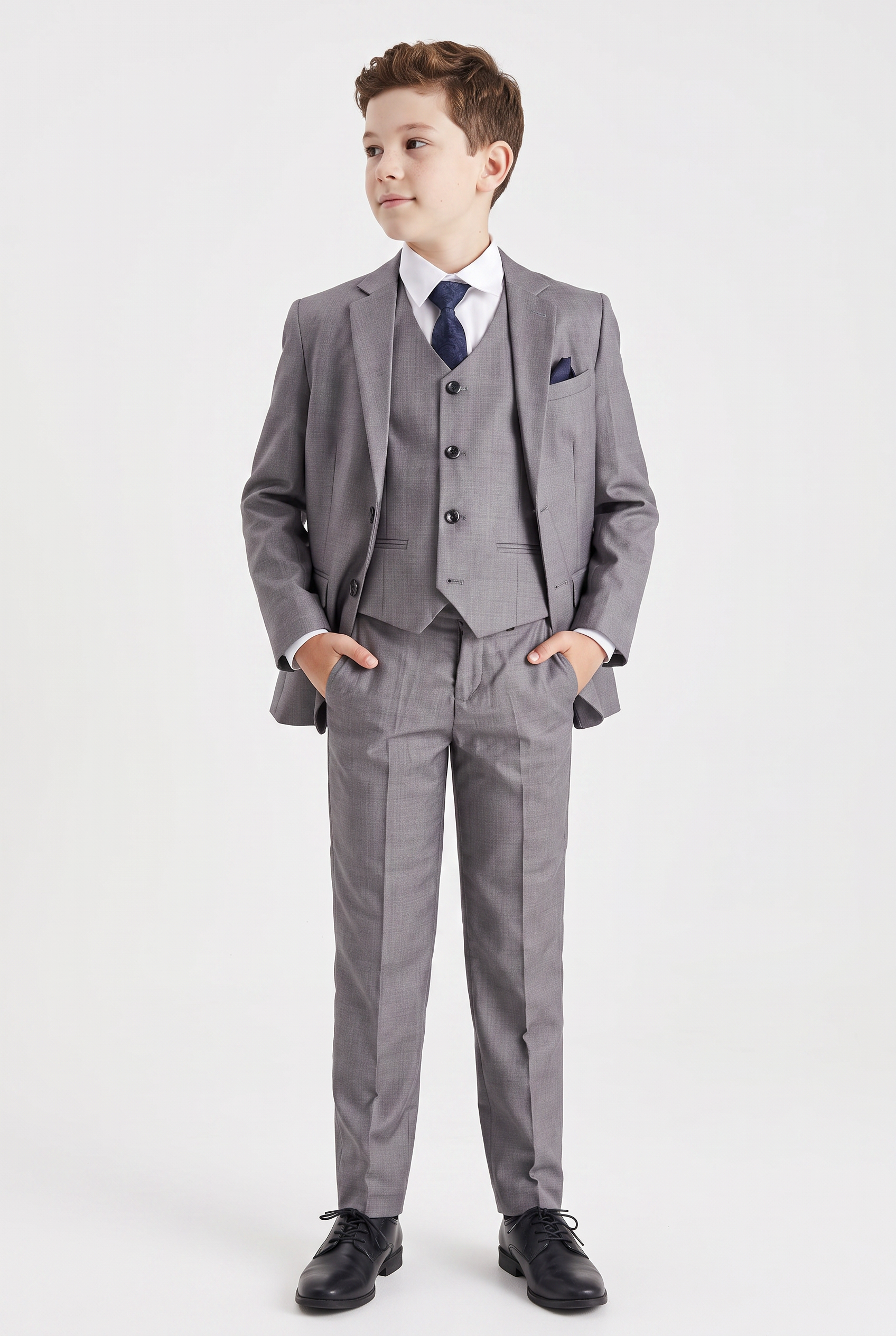 Boys 3-Piece Tailored Fit Grey Formal Suit - Edward Model Front Picture