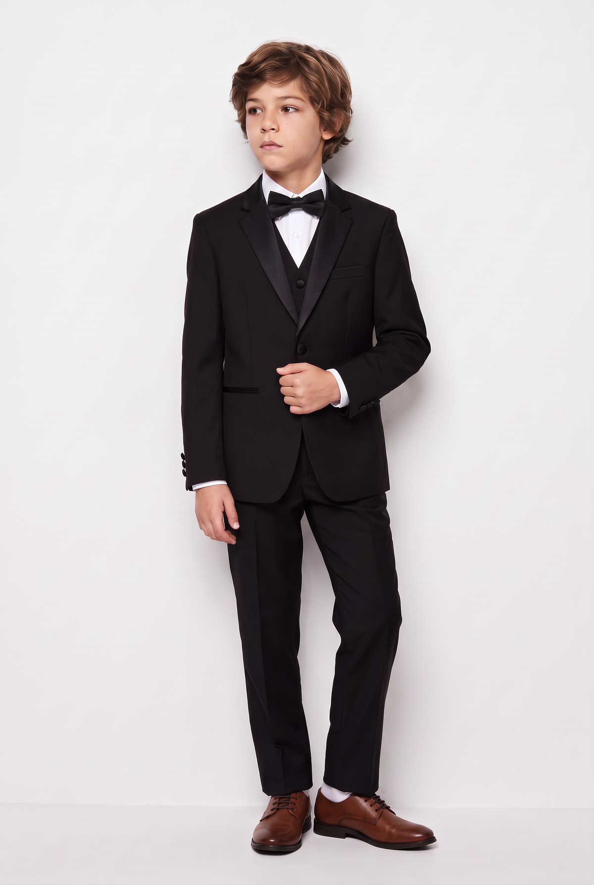 Boys 3-Piece Tuxedo Suit with Satin Notch Lapel - Romano Black Model Picture
