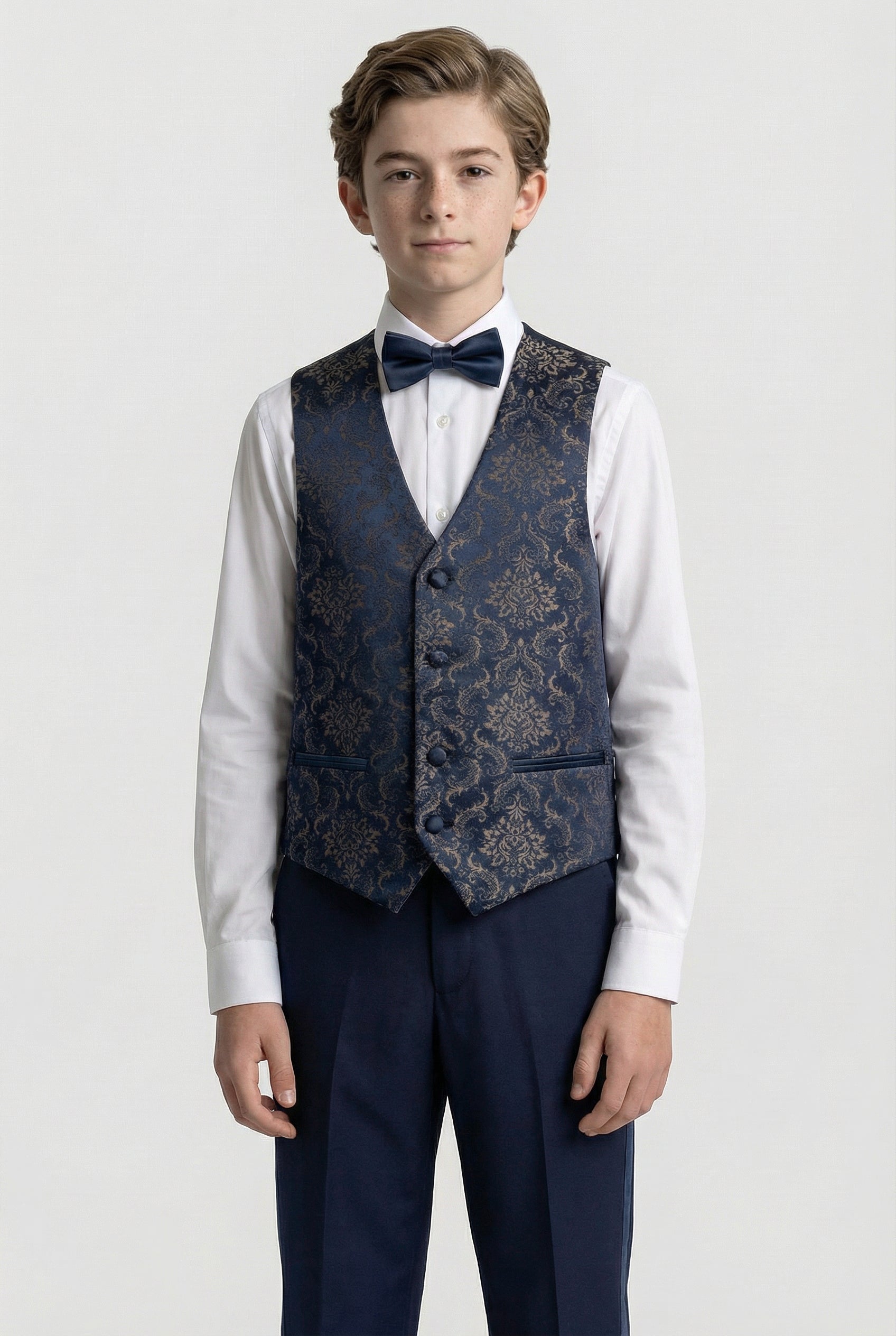 Boys 3-Piece Velvet Damask Tuxedo Suit - Marc Navy Model Waistcoat Picture