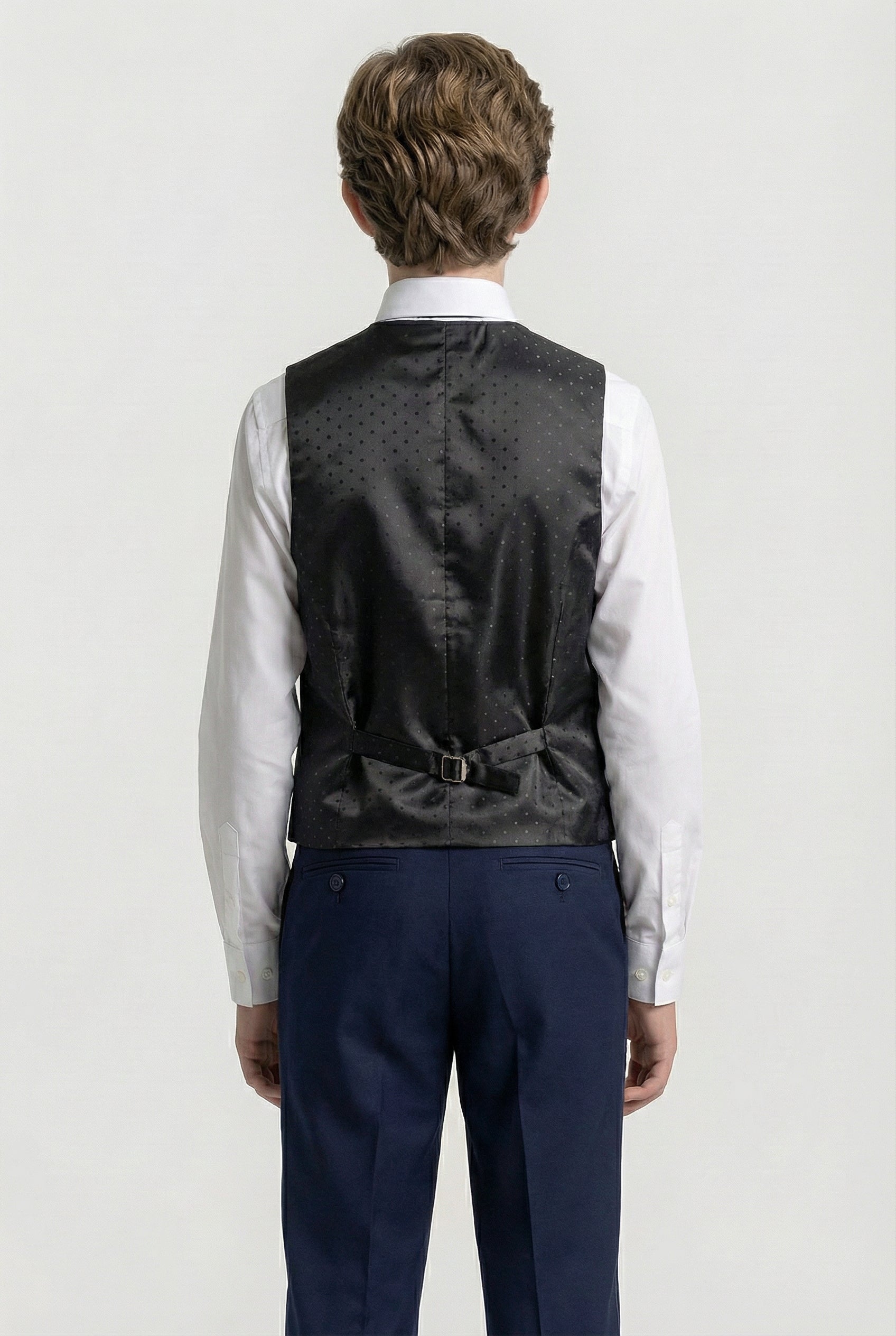Boys 3-Piece Velvet Damask Tuxedo Suit - Marc Navy Model Waistcoat Back Picture