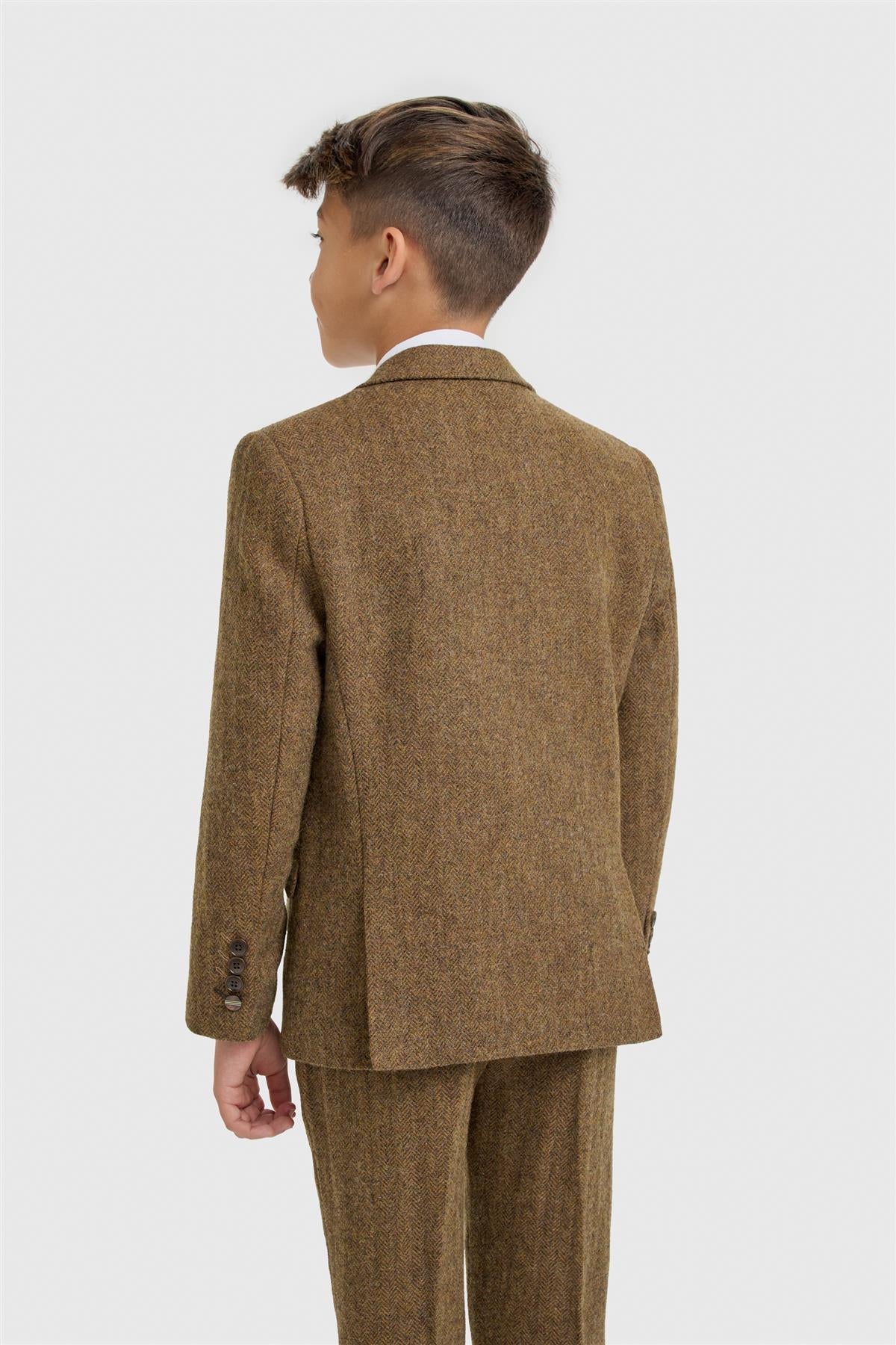Boys 3-Piece Wool Herringbone Tweed Suit - Thomas - Brown