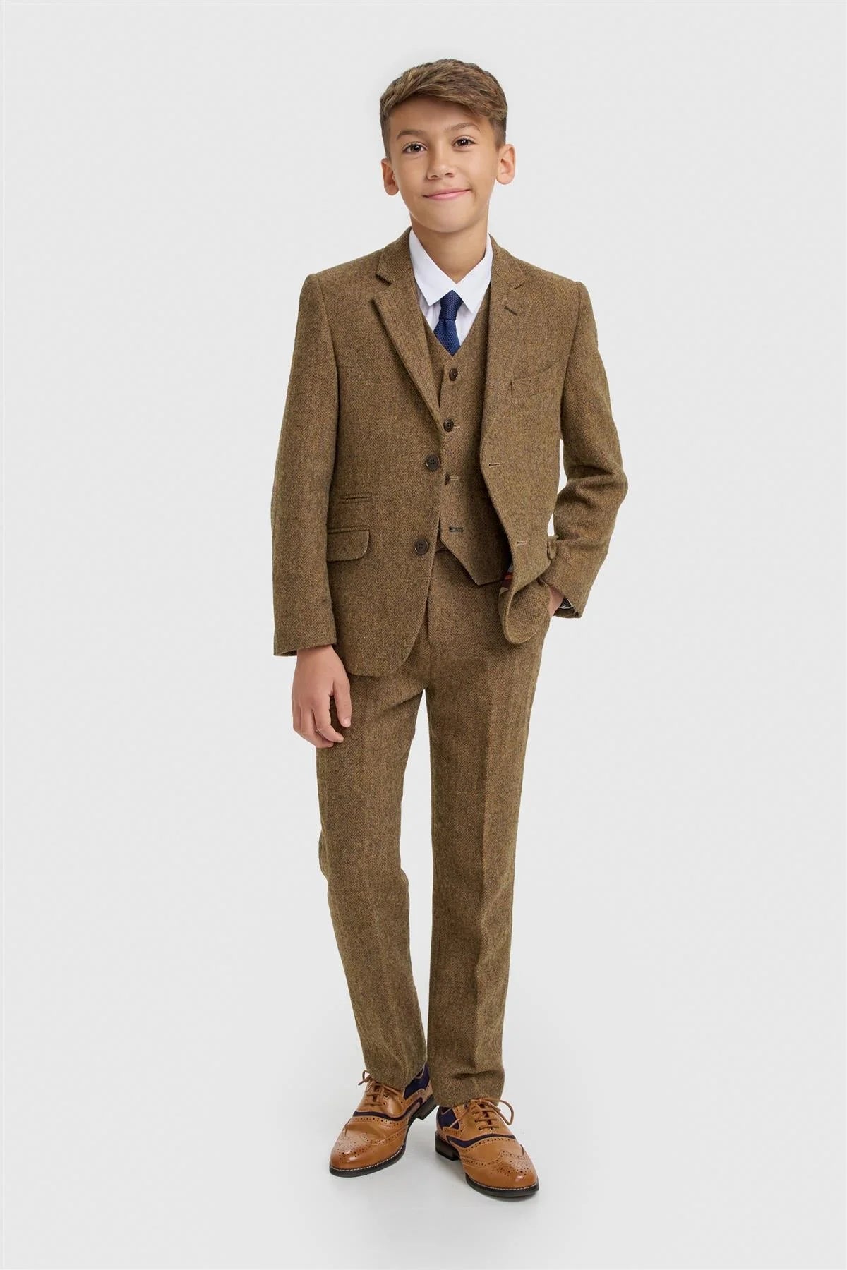 Boys 3-Piece Wool Herringbone Tweed Suit - Thomas - Brown