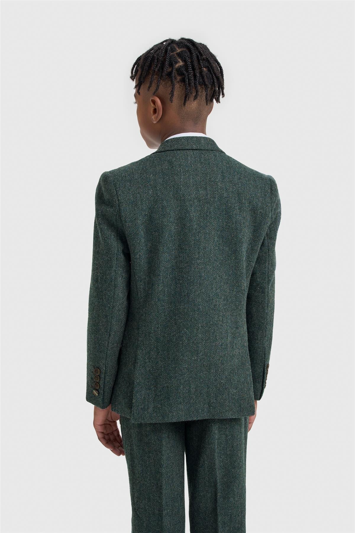 Boys 3-Piece Wool Herringbone Tweed Suit - Thomas - Lush Green