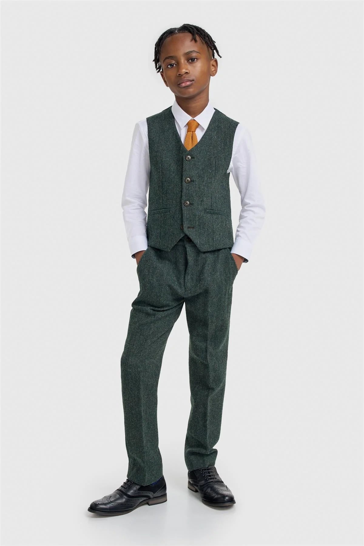 Boys 3-Piece Wool Herringbone Tweed Suit - Thomas - Lush Green