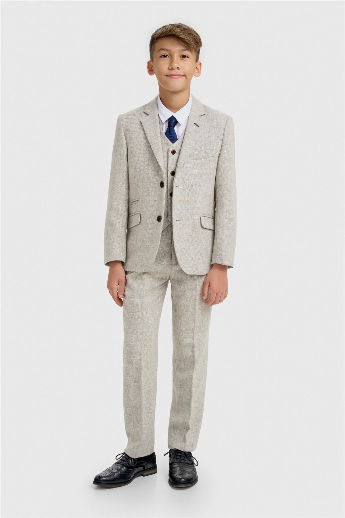 Boys 3-Piece Wool Herringbone Tweed Suit - Thomas - Pearl Grey