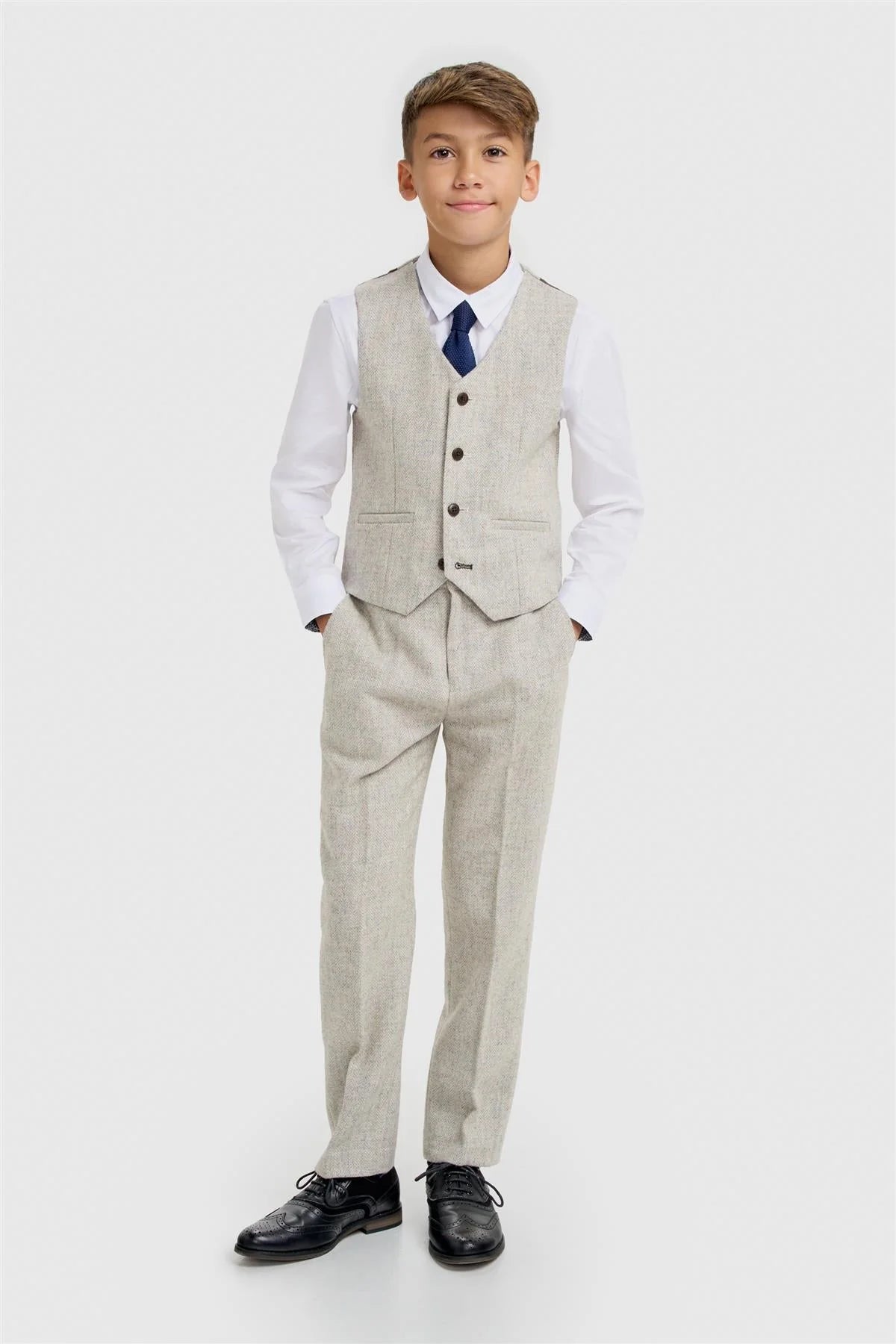 Boys 3-Piece Wool Herringbone Tweed Suit - Thomas - Pearl Grey
