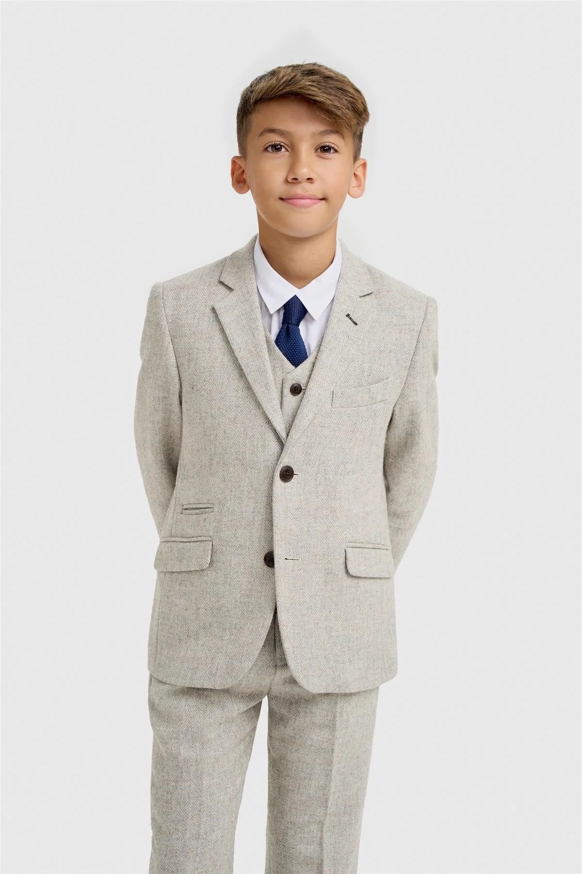 Boys 3-Piece Wool Herringbone Tweed Suit - Thomas - Pearl Grey
