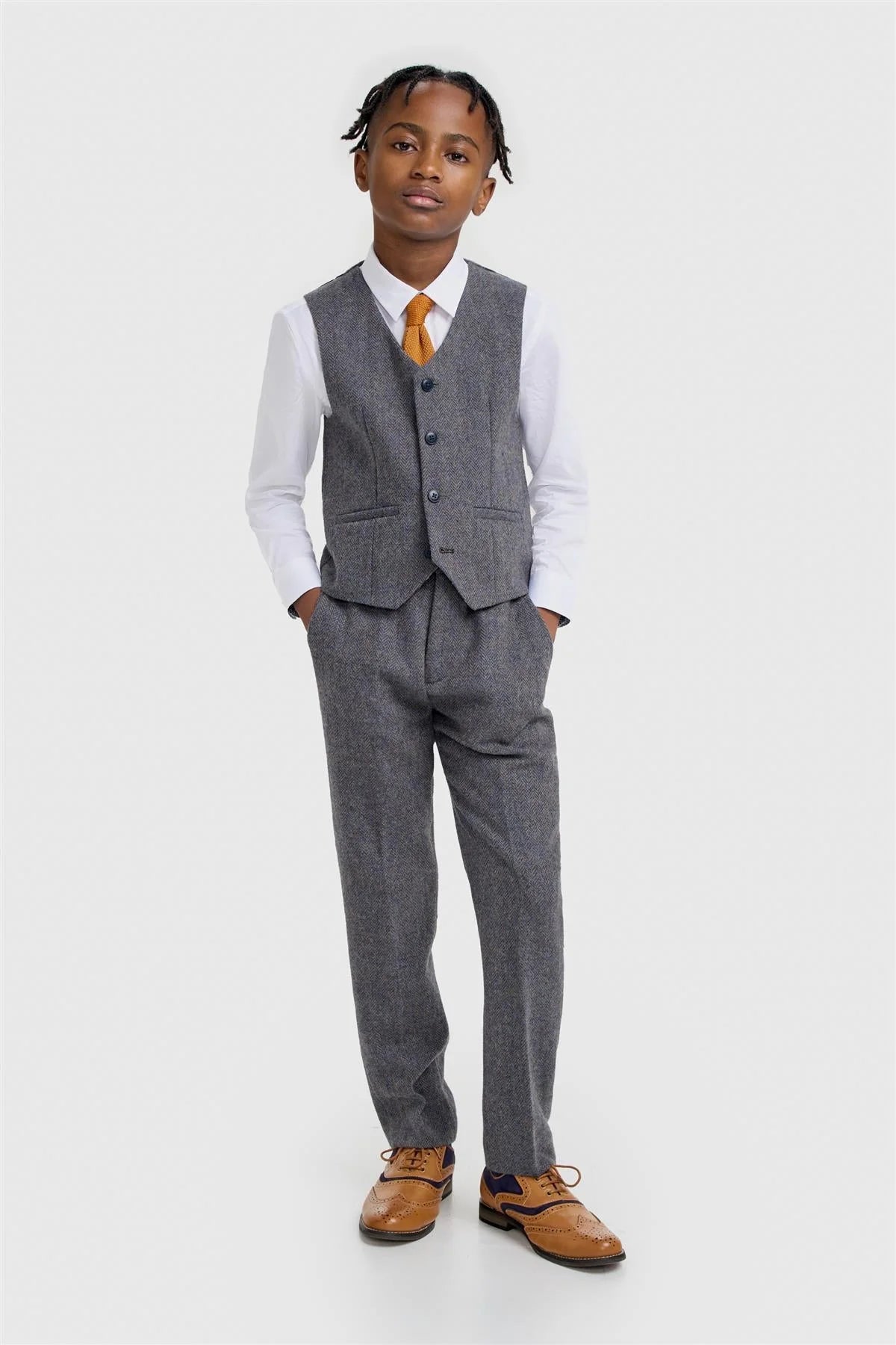 Boys 3-Piece Wool Herringbone Tweed Suit - Thomas - Savoy Grey