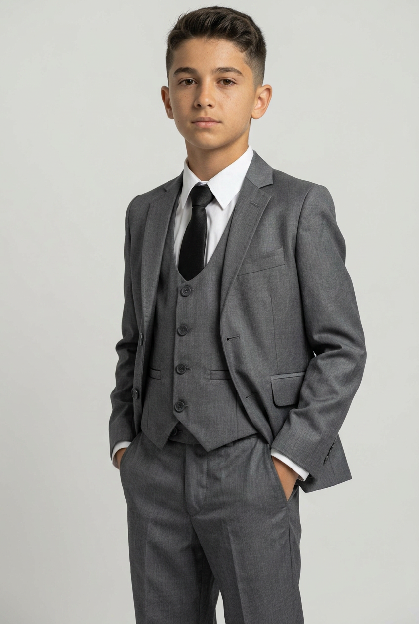 Boys 3 Piece Slim Fit Suit Set - Formal Wedding Suit - Oliver Grey