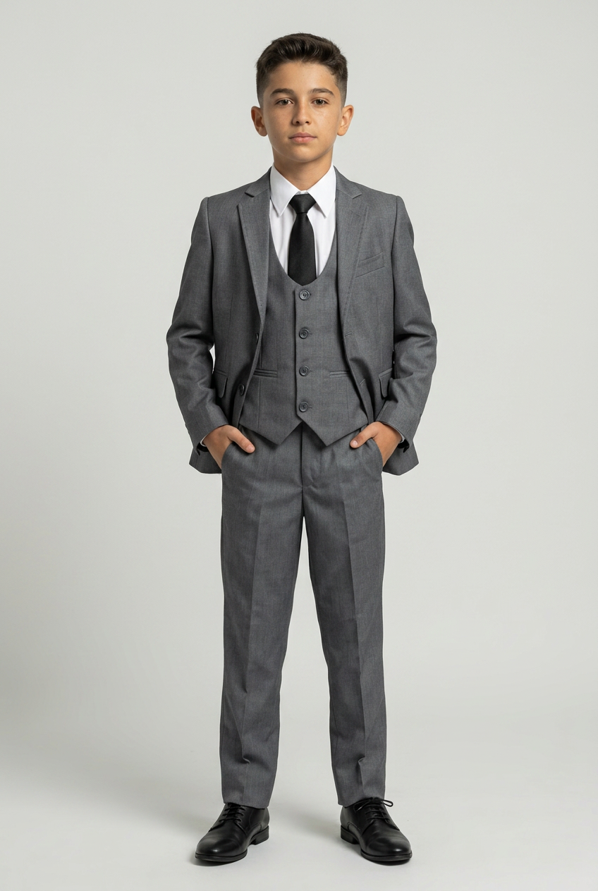 Boys 3 Piece Slim Fit Suit Set - Formal Wedding Suit - Oliver Grey