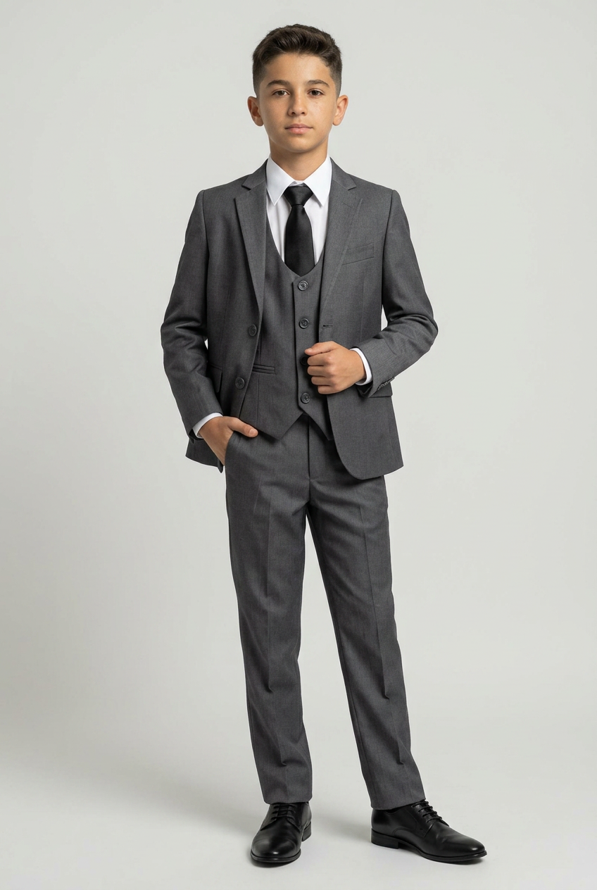 Boys 3 Piece Slim Fit Suit Set - Formal Wedding Suit - Oliver Grey