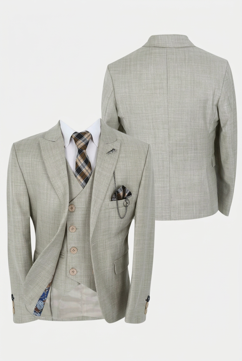 Boys  3 Piece Slim Fit Suit with Double Breasted Waistcoat - Alfred Beige
