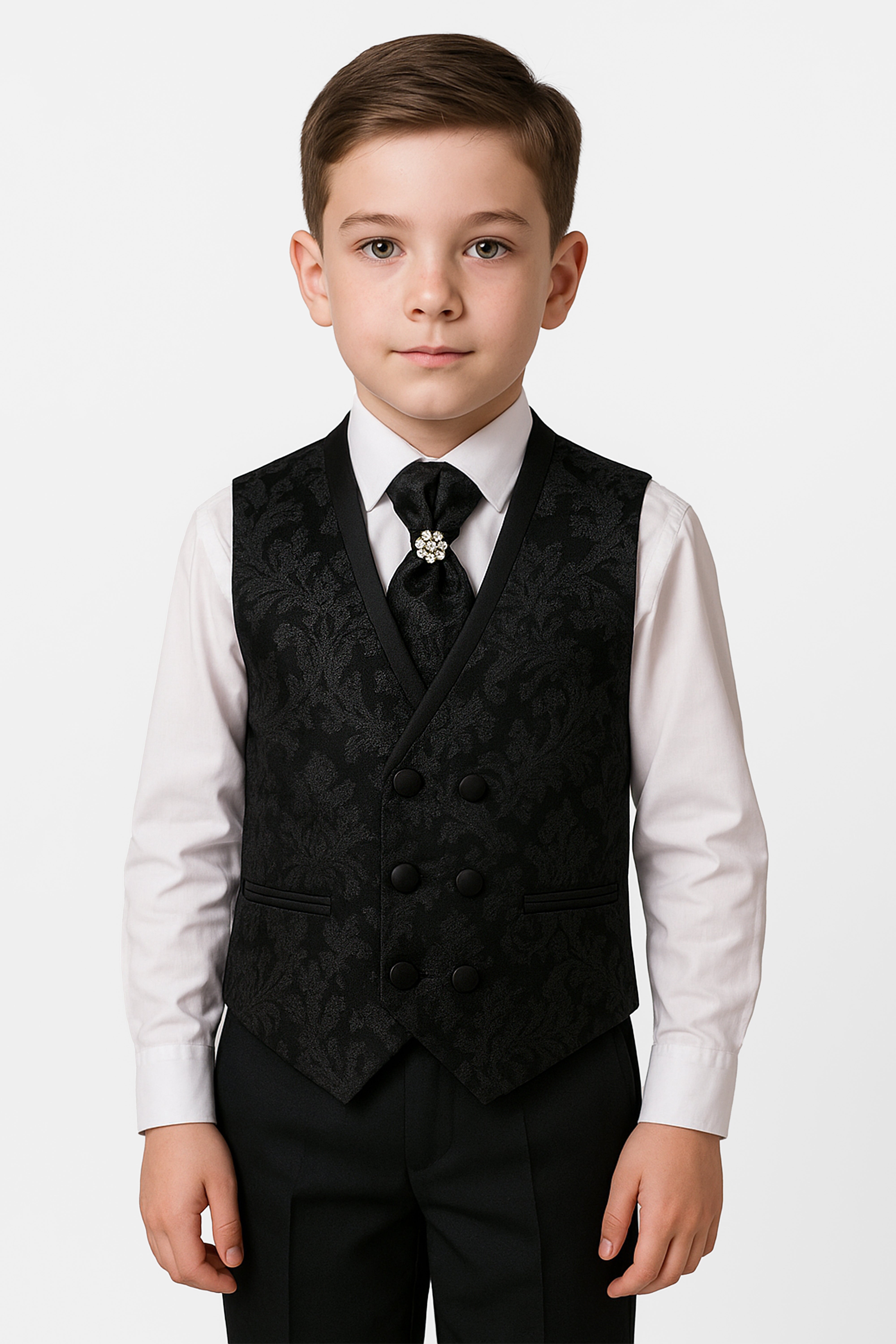 Boys 4-Piece Paisley Jacquard Waistcoat Cravat Set - Black Model Picture