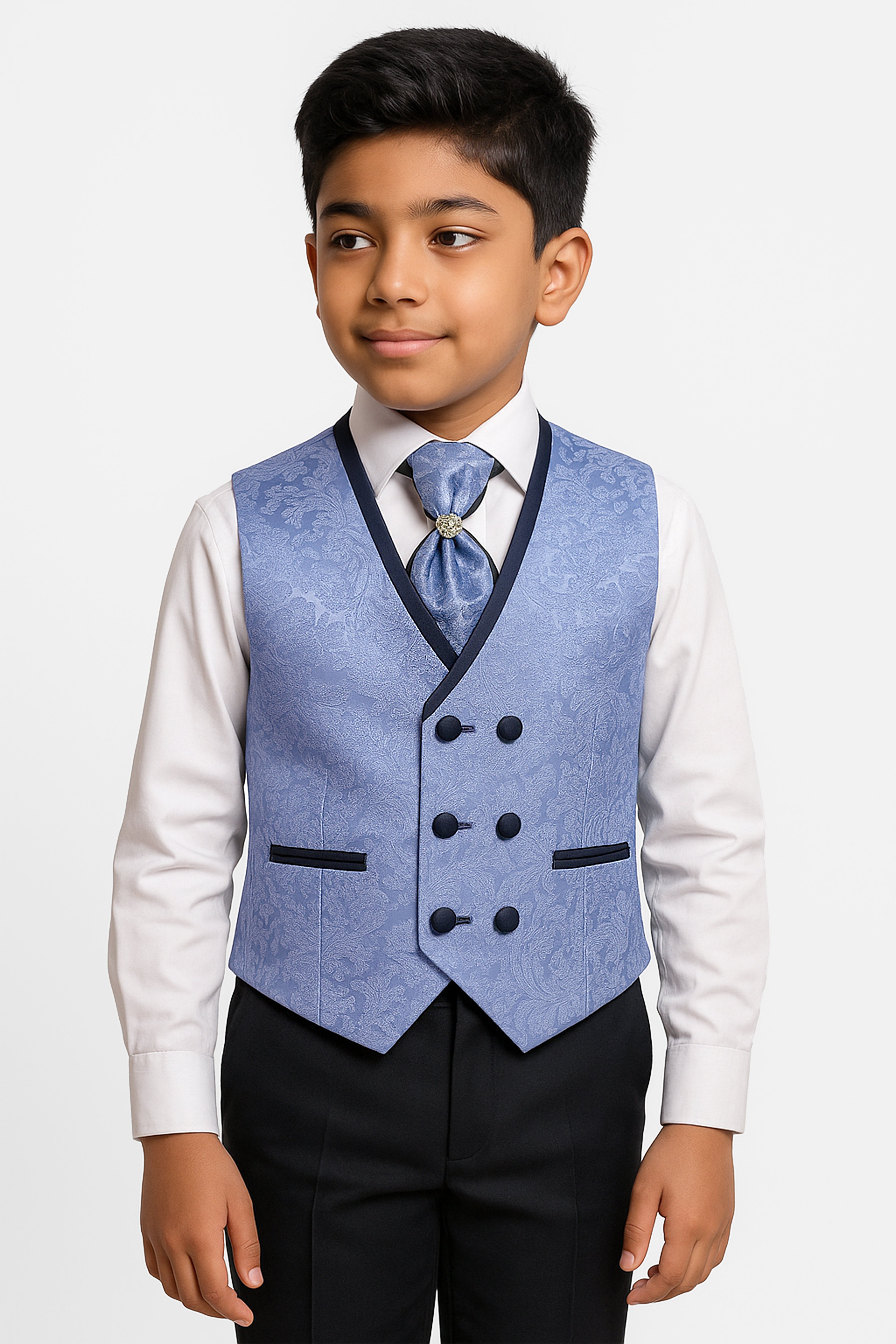 Boys 4-Piece Paisley Jacquard Waistcoat Cravat Set - Blue Model Picture