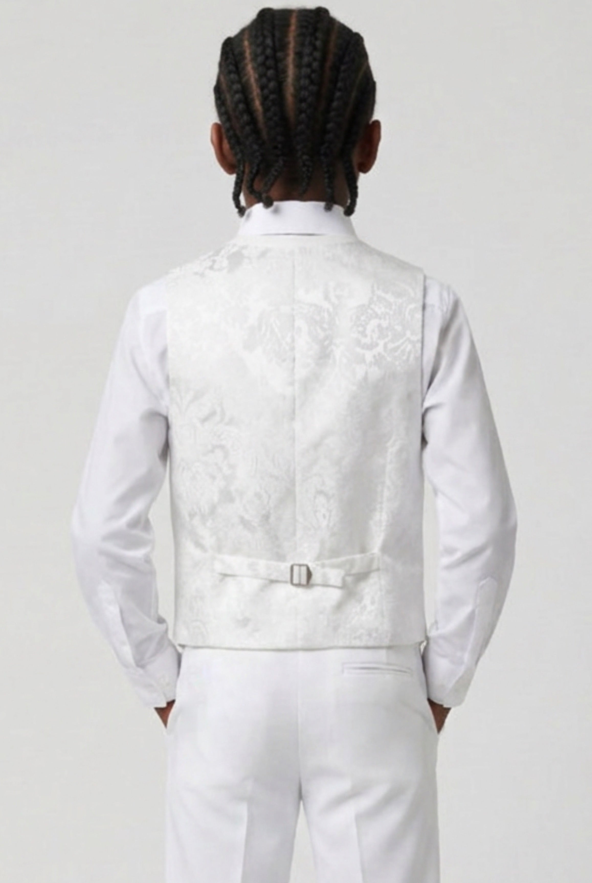 Boys 4-Piece Paisley Jacquard Waistcoat Cravat Set - Damask White Model Back Picture