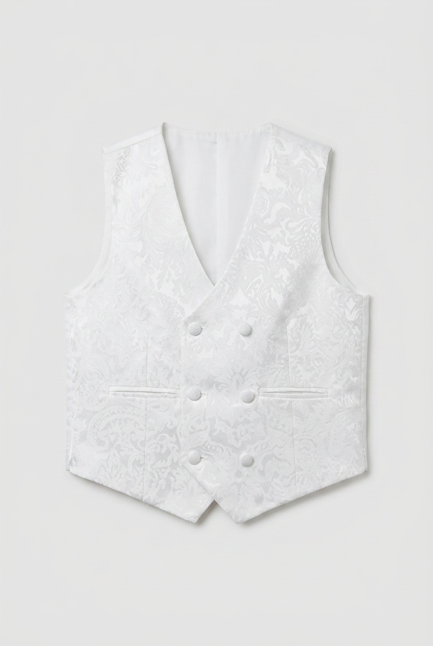 Boys 4-Piece Paisley Jacquard Waistcoat Cravat Set - Damask White Front Picture